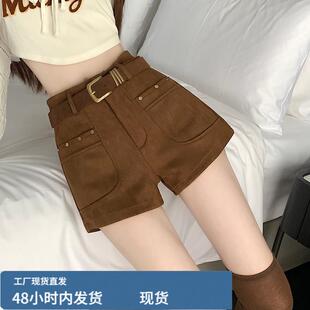 咖啡色陂短裤女秋冬外穿高腰鹿陂戎女裤配靴子的麂陂裤子马丁靴裤