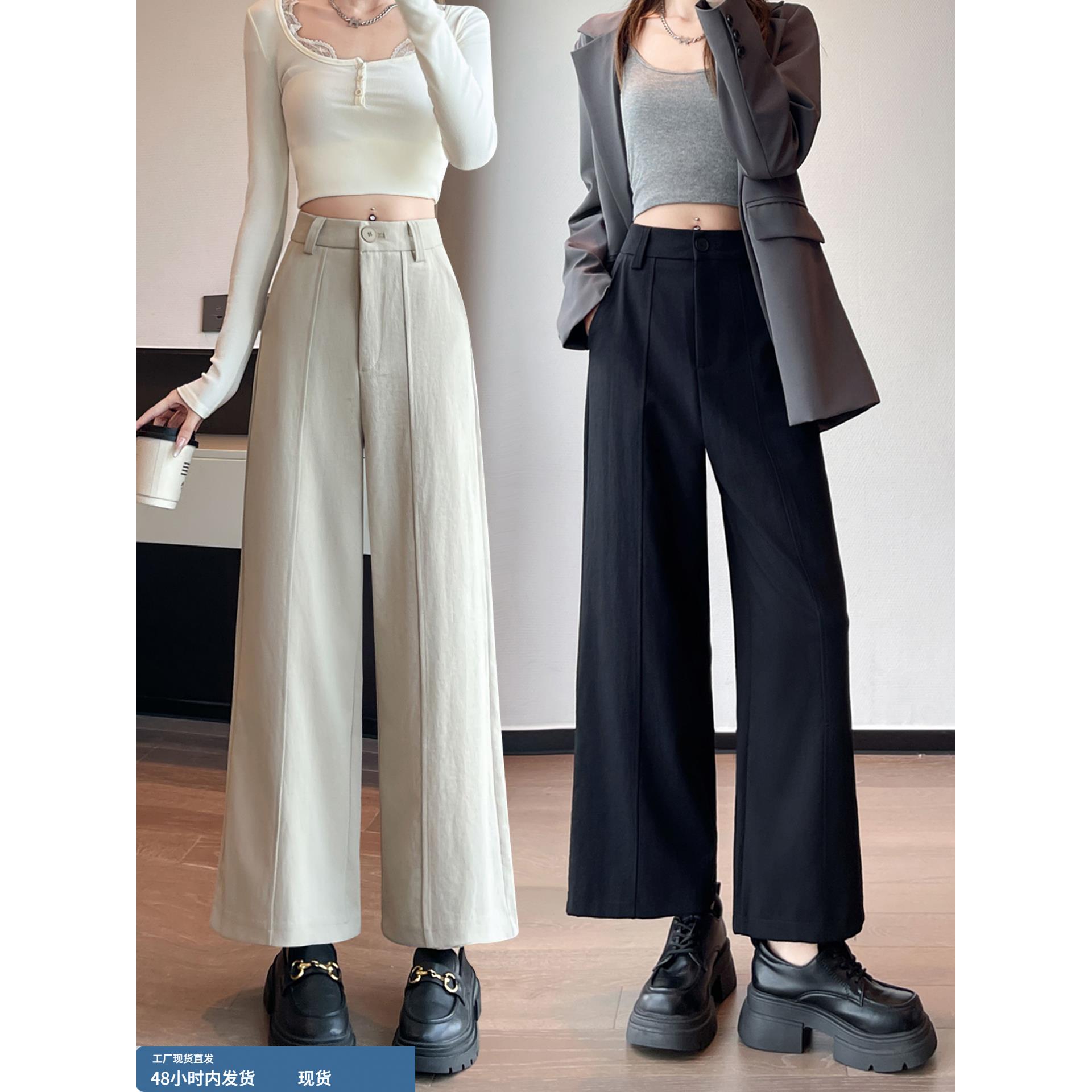 卡其色西装阔腿裤女2025新款秋季高腰九分窄版直筒小个子休闲裤子