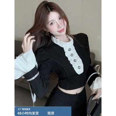 宫廷风法式喇叭袖系带衬衫女设计感小众秋冬纯欲辣妹短款衬衣上衣