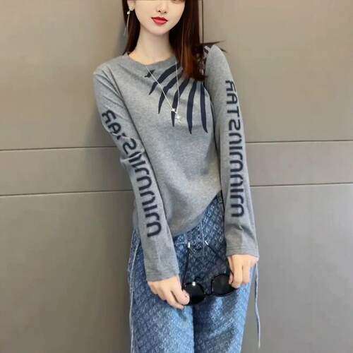 2025春秋新款纯棉时尚洋气正肩长袖T恤大码女装胖mm灰色显瘦上衣