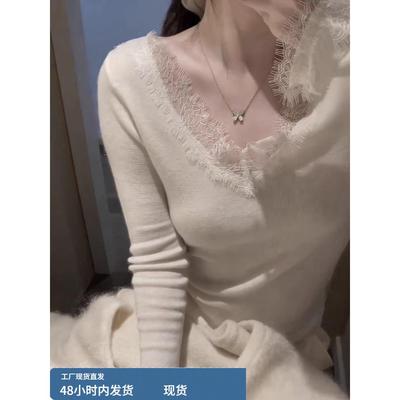 小香风蕾丝V领针织打底衫女秋冬设计感修身毛衣内搭独特绝美上衣
