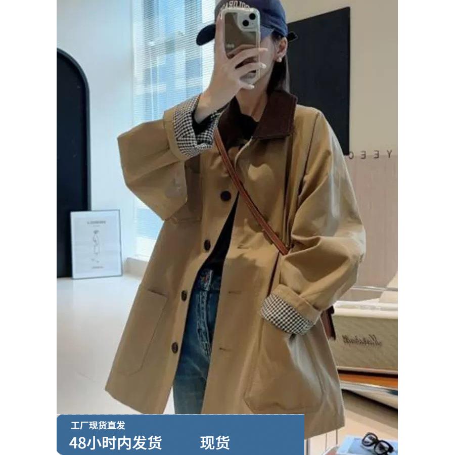 格纹拼接工装风衣外套2025新款女春秋撞色高级感小个子英伦风大衣