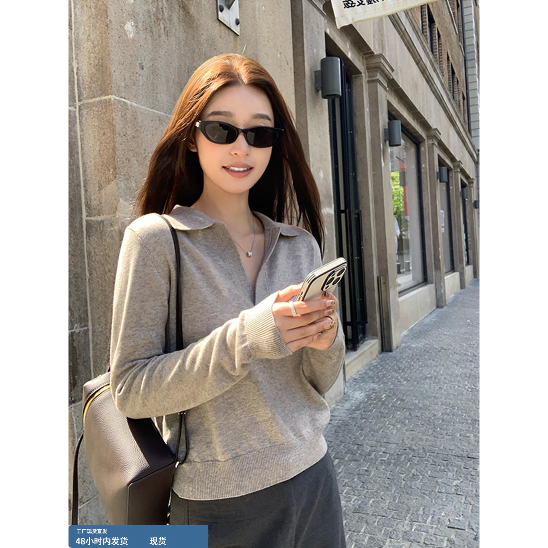 韩系polo翻领灰色针织衫女早秋老钱风穿搭修身显瘦打底衫内搭上衣