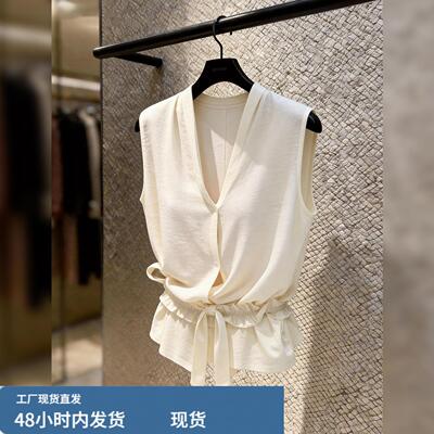 2026新款夏季知性风白色无袖上衣女系带收腰显瘦气质百搭大码内搭