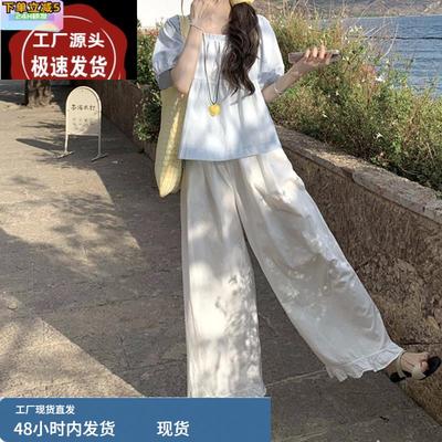 白色天丝亚麻裤子女夏棉麻广州十三行直筒韩版独特超好看抗皱套装