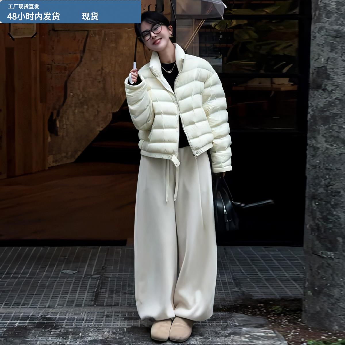 米白色立领短款排骨羽绒棉服女2025冬季新款轻薄型泡芙保暖外套潮