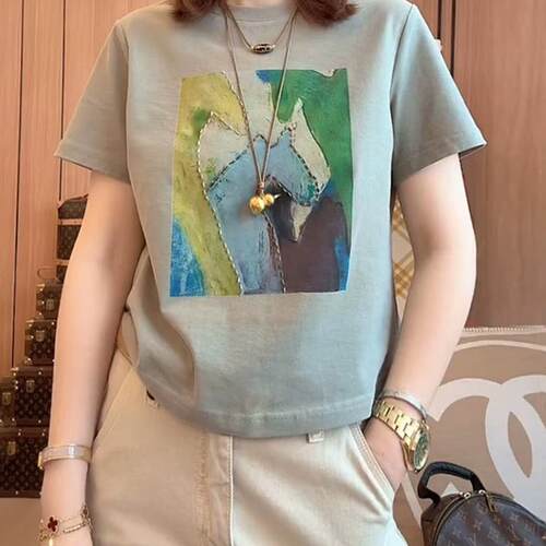 小马油画印花正肩短袖t恤女装2026夏季大码胖MM显瘦宽松休闲上衣