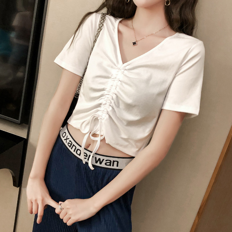2019新款韩版夏装时尚v领高腰短款t恤女短袖修身半袖抽绳露脐上衣在类目 女装/女士精品, T恤中 - 来自Buy2taobao.com提供专业的淘宝代购服务