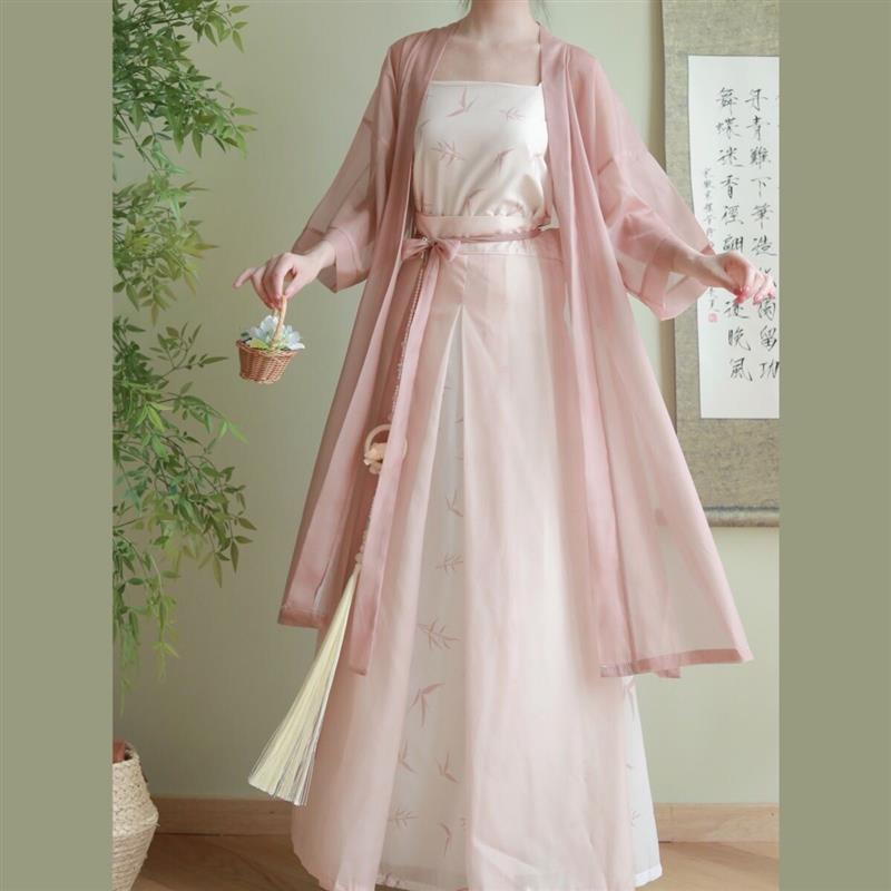 送扇子宋制粉色改良成人轻汉服日常2026新款通勤汉元素三裥裙套装图片