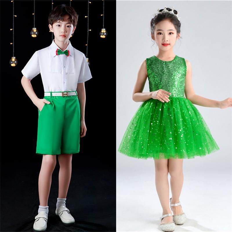 六一儿童蓬蓬裙演出服绿色春晓小学生合唱服装女童公主裙表演服装