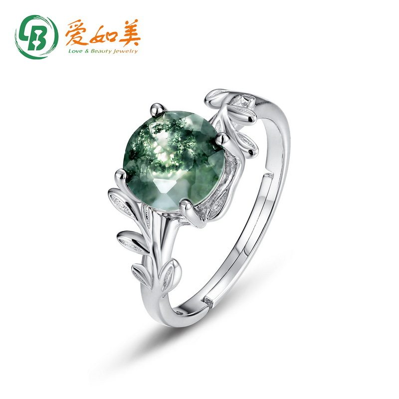 S925银渡18K金PT950铂金绿苔藓戒指水草玛瑙石指戒独特优雅气质风