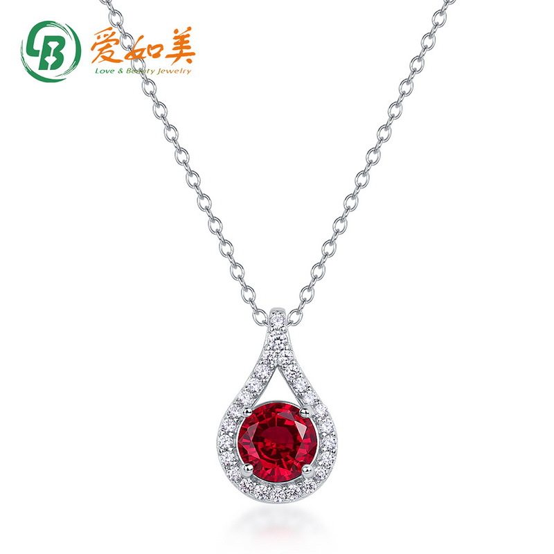 新款纯银培育红宝水滴项链女S925银渡18K金PT950铂金彩宝锁骨链