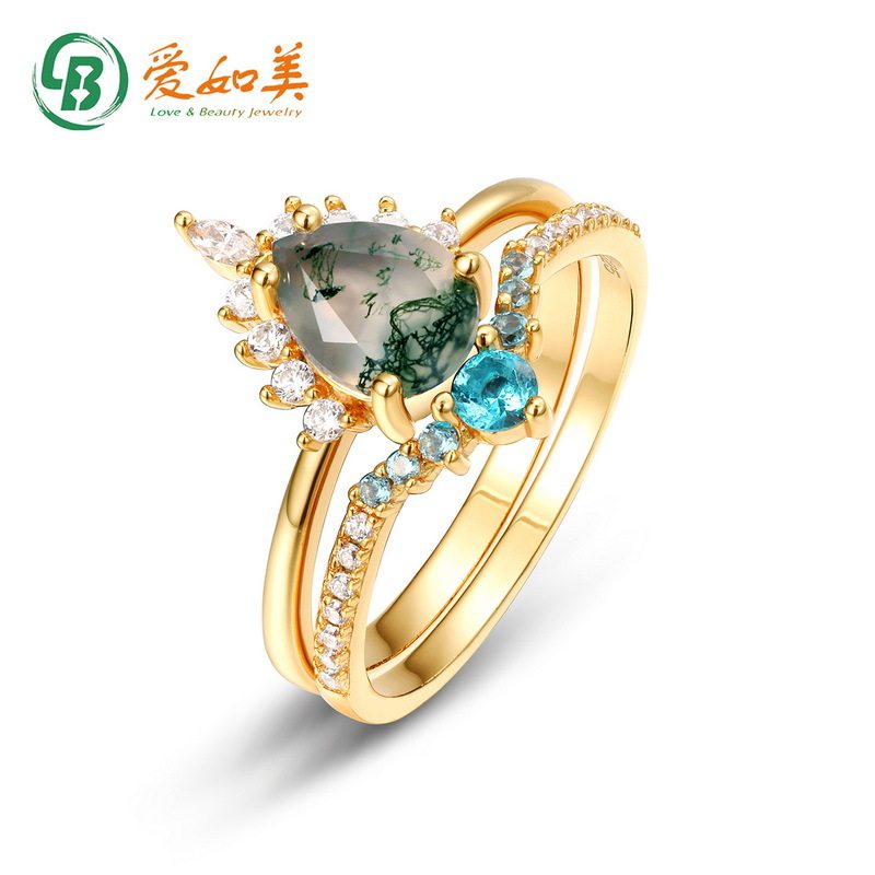 S925银渡18K金PT950铂金绿苔藓戒指女水草玛瑙指戒轻奢风时尚百搭