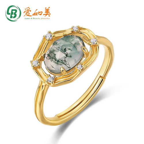 新款时尚流行S925银渡18K金PT950铂金绿苔藓戒指水草玛瑙指戒高贵