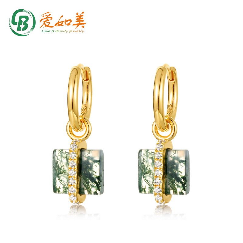 方形天然绿苔藓石耳坠女小众设计气质S925银渡18K金PT950铂金耳环