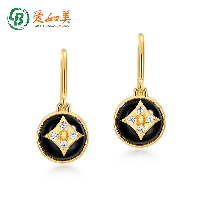 新款几何型黑玛瑙耳环简约四叶草S925银渡18K金PT950铂金长款耳饰