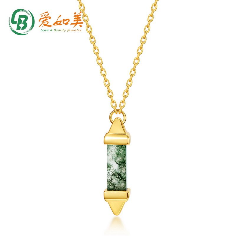 简约几何天然水草玛瑙项链S925银渡18K金PT950铂金绿苔藓石锁骨链
