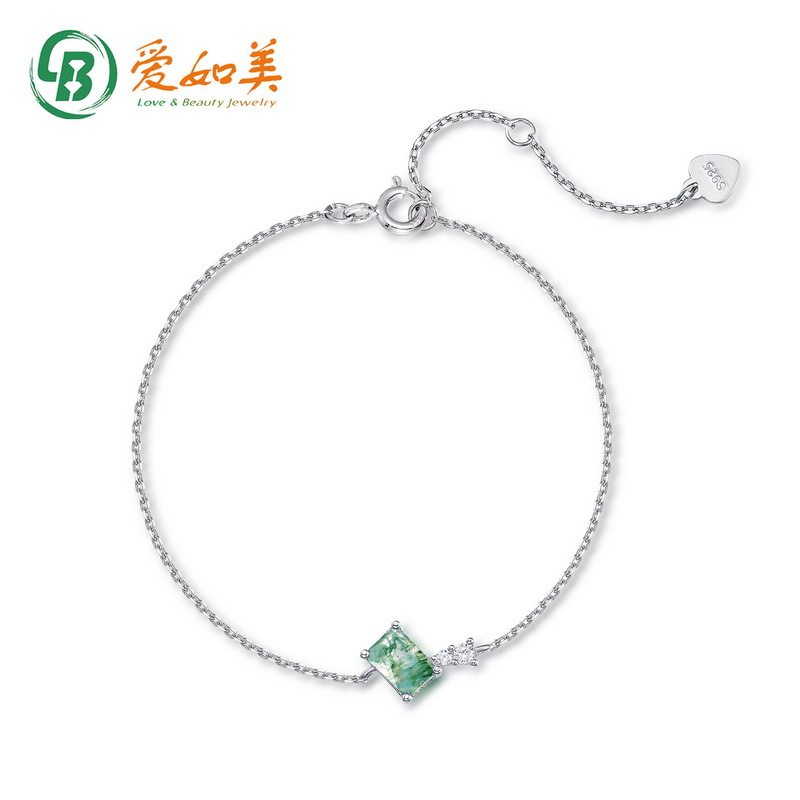 时尚简约绿苔藓手链女小众设计S925银渡18K金PT950铂金链水草玛瑙