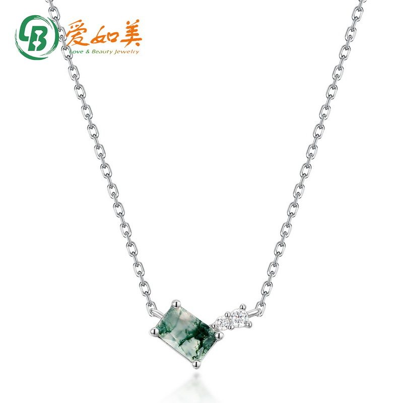 方形水草玛瑙吊坠锁骨链轻奢S925银渡18K金PT950铂金绿苔藓项链