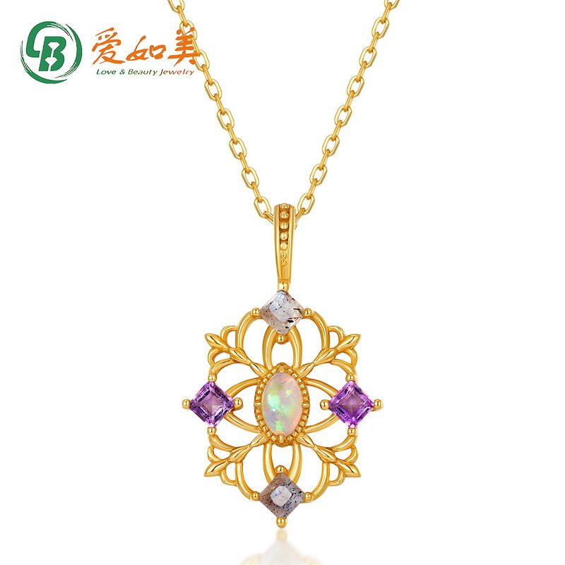 宫廷镂空花纹吊坠女S925银渡18K金PT950铂金合成欧泊拉长石项链