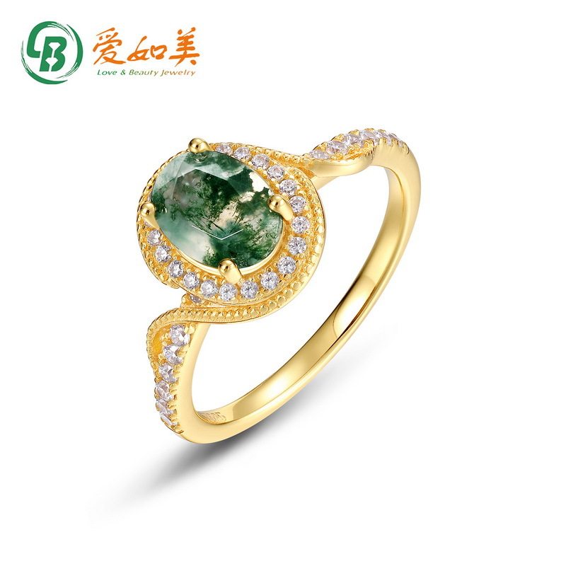 轻奢风天然水草玛瑙镀戒指S925银渡18K金PT950铂金镶嵌绿苔藓指戒