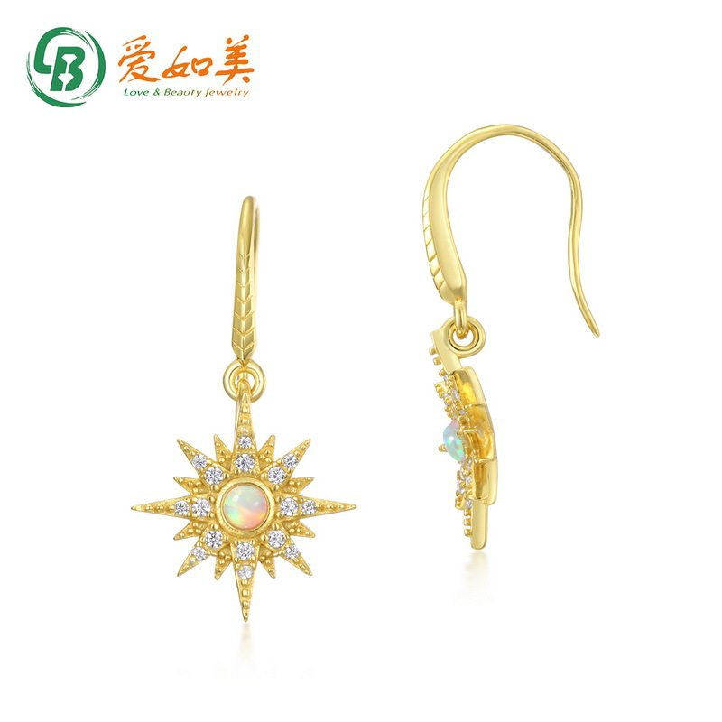 轻奢风太阳耳环女小众设计S925银渡18K金PT950铂金耳环镶合成欧泊