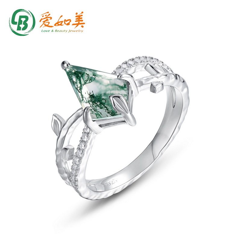 几何天然水草玛瑙戒指设计感S925银渡18K金PT950铂金绿苔藓石指戒