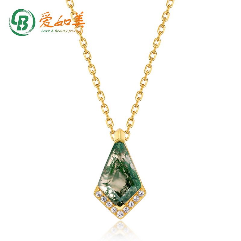 几何天然水草玛瑙项链S925银渡18K金PT950铂金彩宝绿苔藓石锁骨链