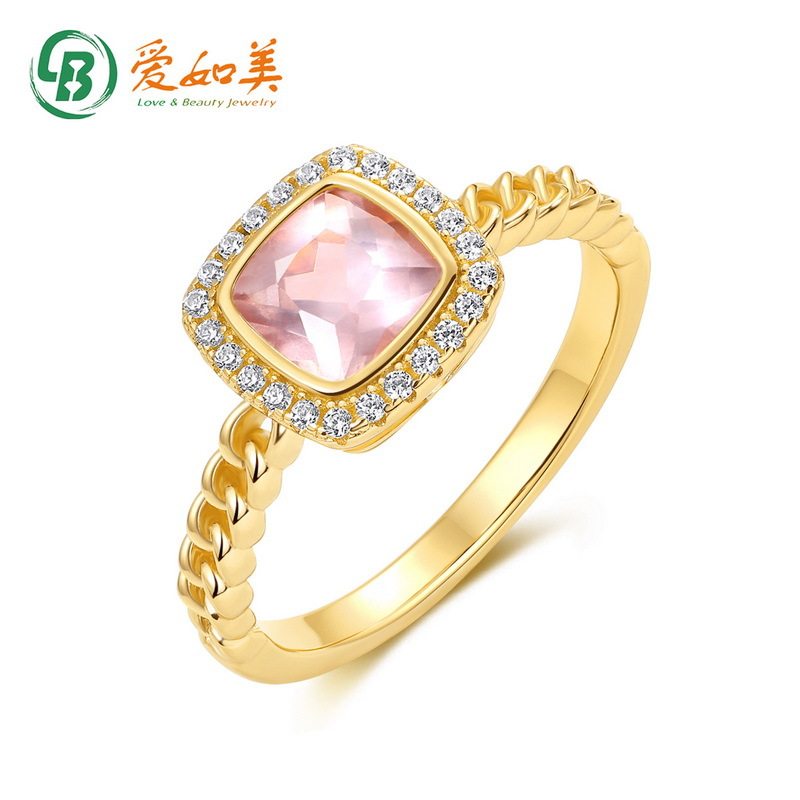 轻奢珠宝流行糖塔天然粉水晶戒指时尚S925银渡18K金PT950铂金戒指