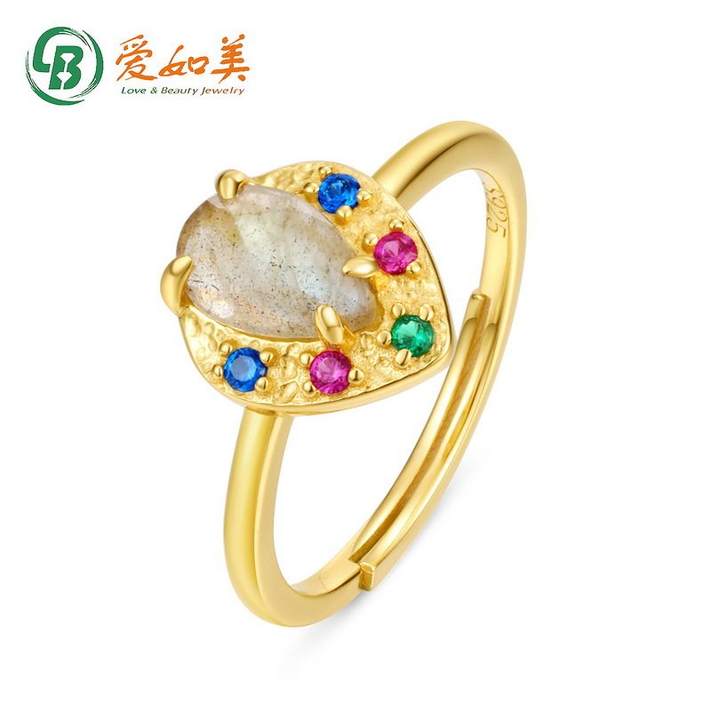 S925银渡18K金PT950铂金天然拉长石开口戒指日本精工彩宝手饰指环