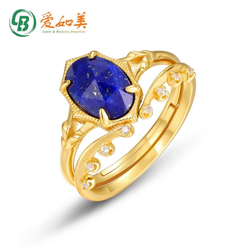 轻奢复古天然青金石叠戴套戒日韩S925银渡18K金PT950铂金彩宝戒指