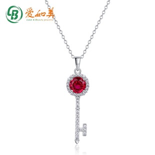 简约培育红宝钥匙吊坠锁骨链轻奢S925银渡18K金PT950铂金彩宝项链