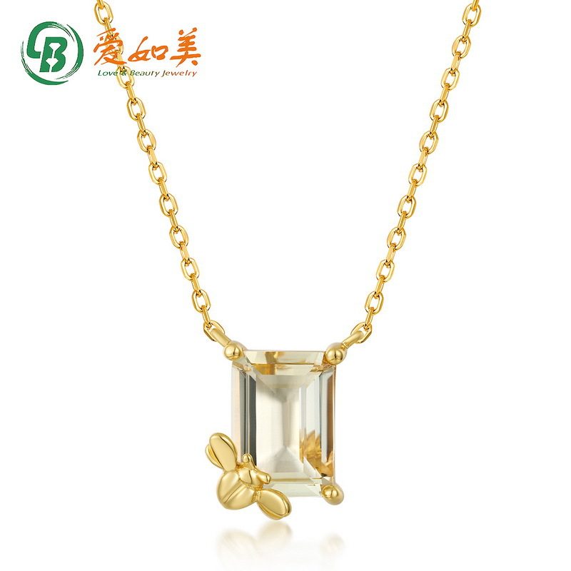 简约时尚天然柠檬晶项链几何梯方S925银渡18K金PT950铂金项链韩版
