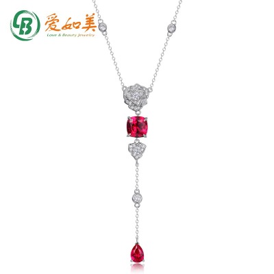 玫瑰花培育红宝长款项链S925银渡18K金PT950铂金彩宝项饰时尚轻奢