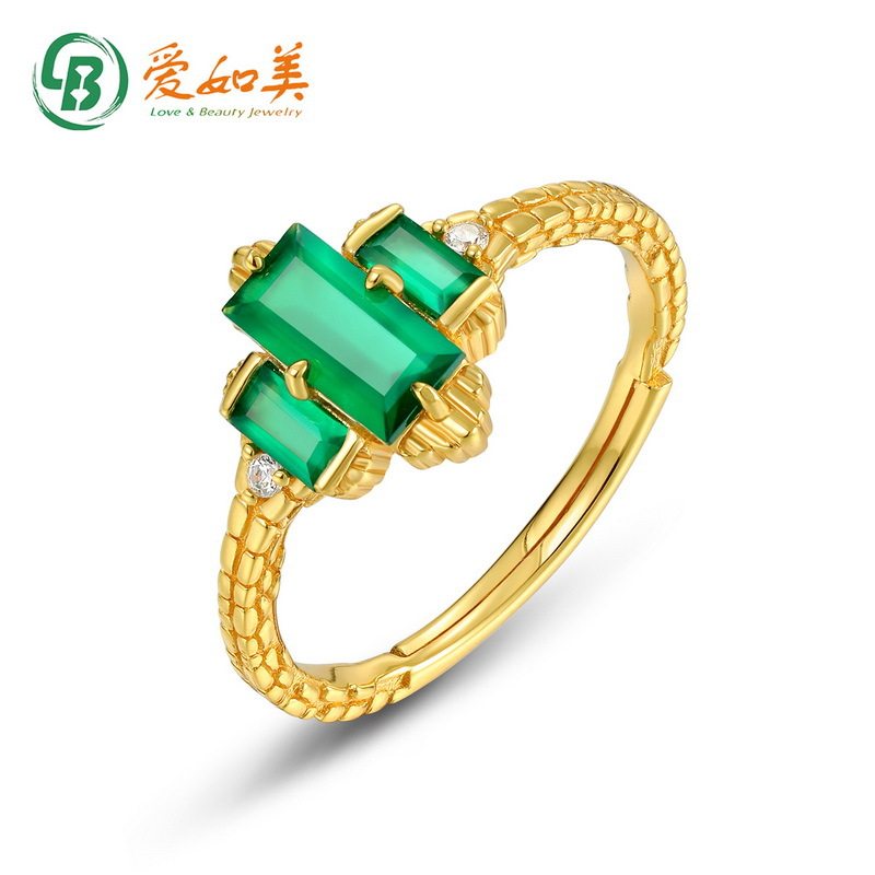 新款日韩时尚简约绿玛瑙戒指S925银渡18K金PT950铂金戒指小众设计