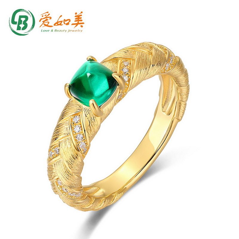拉丝戒指轻奢气质S925银七层电镀18K金PT950铂金培育祖母绿指环