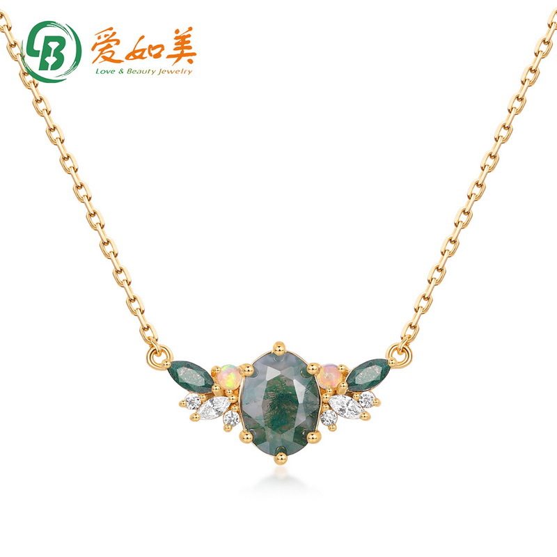 新款天然水草玛瑙项链女S925银渡18K金PT950铂金镶绿苔藓石锁骨链