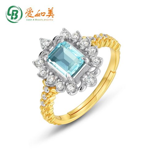 日韩轻奢几何天空蓝托帕石戒指分色S925银渡18K金PT950铂金戒指