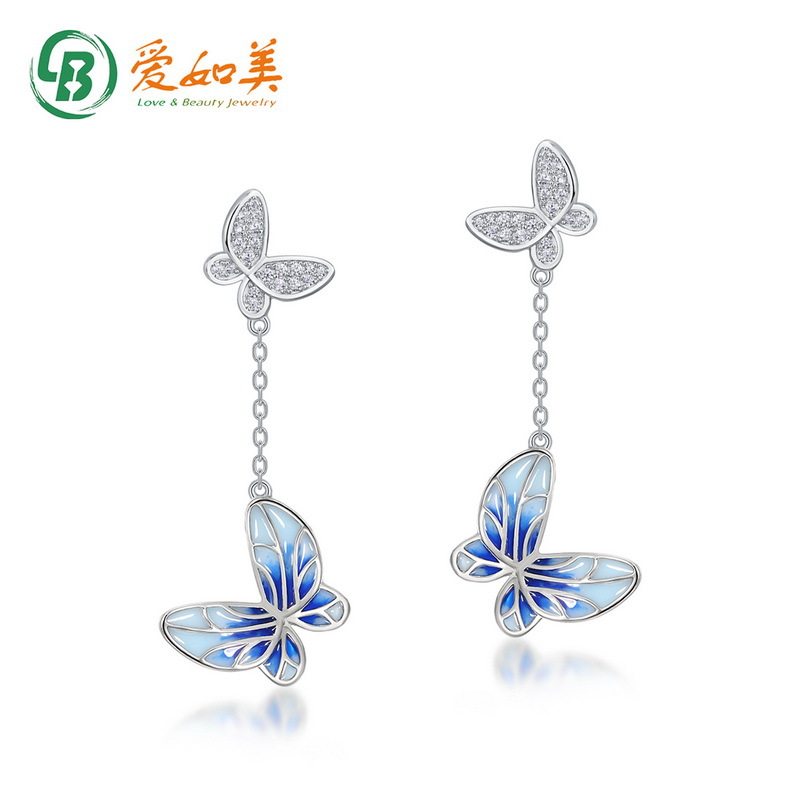 轻奢流行空窗珐琅蝴蝶耳坠通体S925银渡18K金PT950铂金耳环小清新