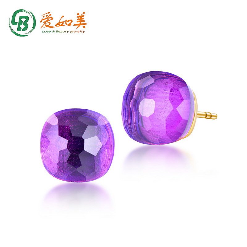 新款简约合成彩宝耳环S925银渡18K金PT950铂金合成紫水晶耳钉耳饰