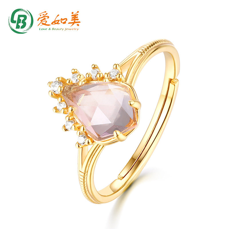 S925银渡18K金PT950铂金轻奢粉水晶芙蓉石纯银戒指女复古食指戒女