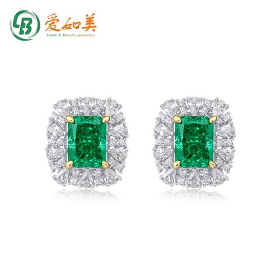 新款个性轻奢复古祖母绿耳钉S925银渡18K金PT950铂金高碳钻耳环