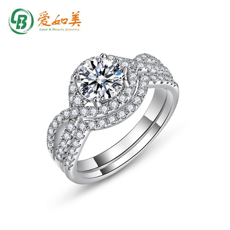 圆形莫桑石两件套戒指女S925银渡18K金PT950铂金套戒优雅叠戴指环