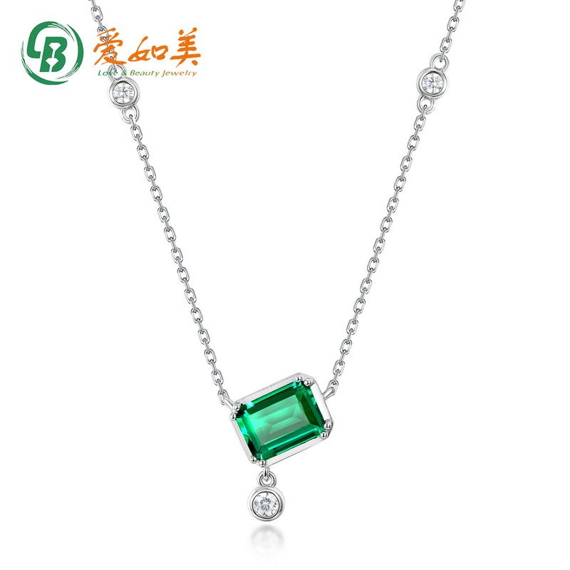 几何培育祖母绿项链女时尚流行S925银渡18K金PT950铂金彩宝项链