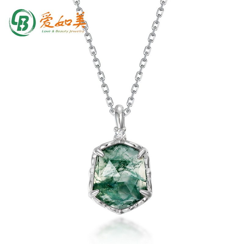 气质几何复古花边绿苔藓吊坠锁骨链S925银渡18K金PT950铂金项链