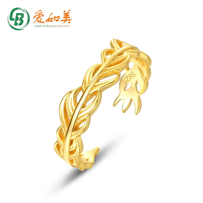 简约风时尚个性潮流羽毛戒指S925银渡18K金PT950铂金戒指女手饰