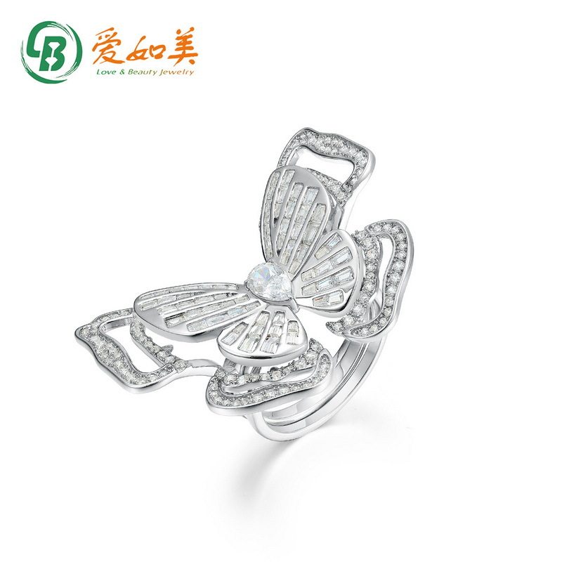 个性夸张蝴蝶设计莫桑石戒指轻奢时尚S925银渡18K金PT950铂金戒指