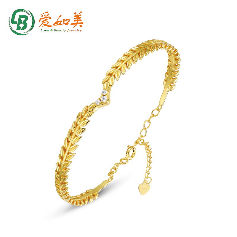 时尚橄榄枝S925银渡18K金PT950铂金手镯可调节女花卉叶子纯银手环