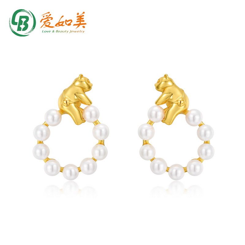 时尚可爱小熊珍珠耳环日韩S925银渡18K金PT950铂金耳环小众耳饰