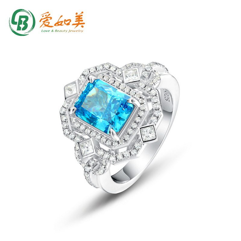S925银渡18K金PT950铂金满镶璀璨彩宝指戒新款浅海蓝高碳钻戒指女